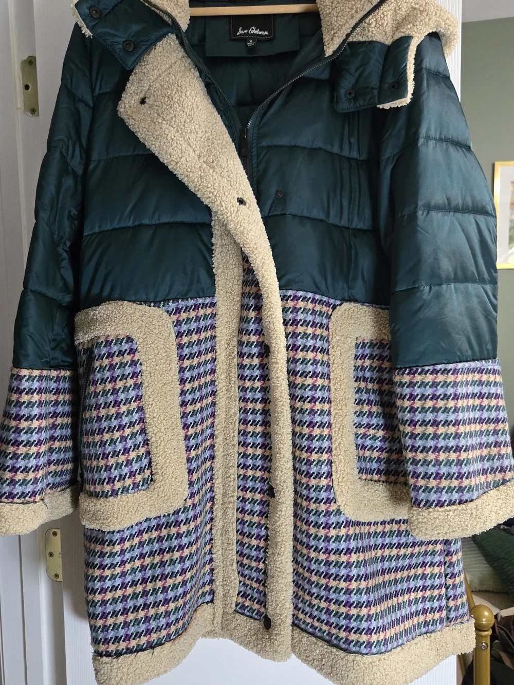 Sam Edelman Teal Puffer Coat with Cream Sherpa and Multicolor Houndstooth - Picture 1 of 7
